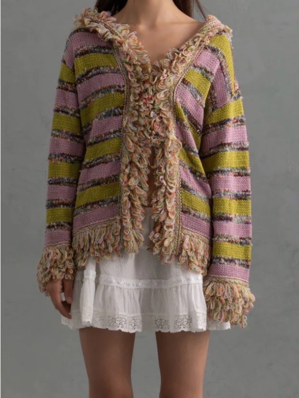 UNIF Tink Pink and Olive Striped Fringe Knit Sweater Cardigan
